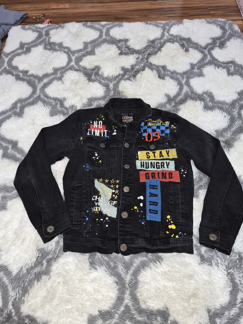 Kids Black Graphic Denim Jacket - Stay Hungry Grind Design